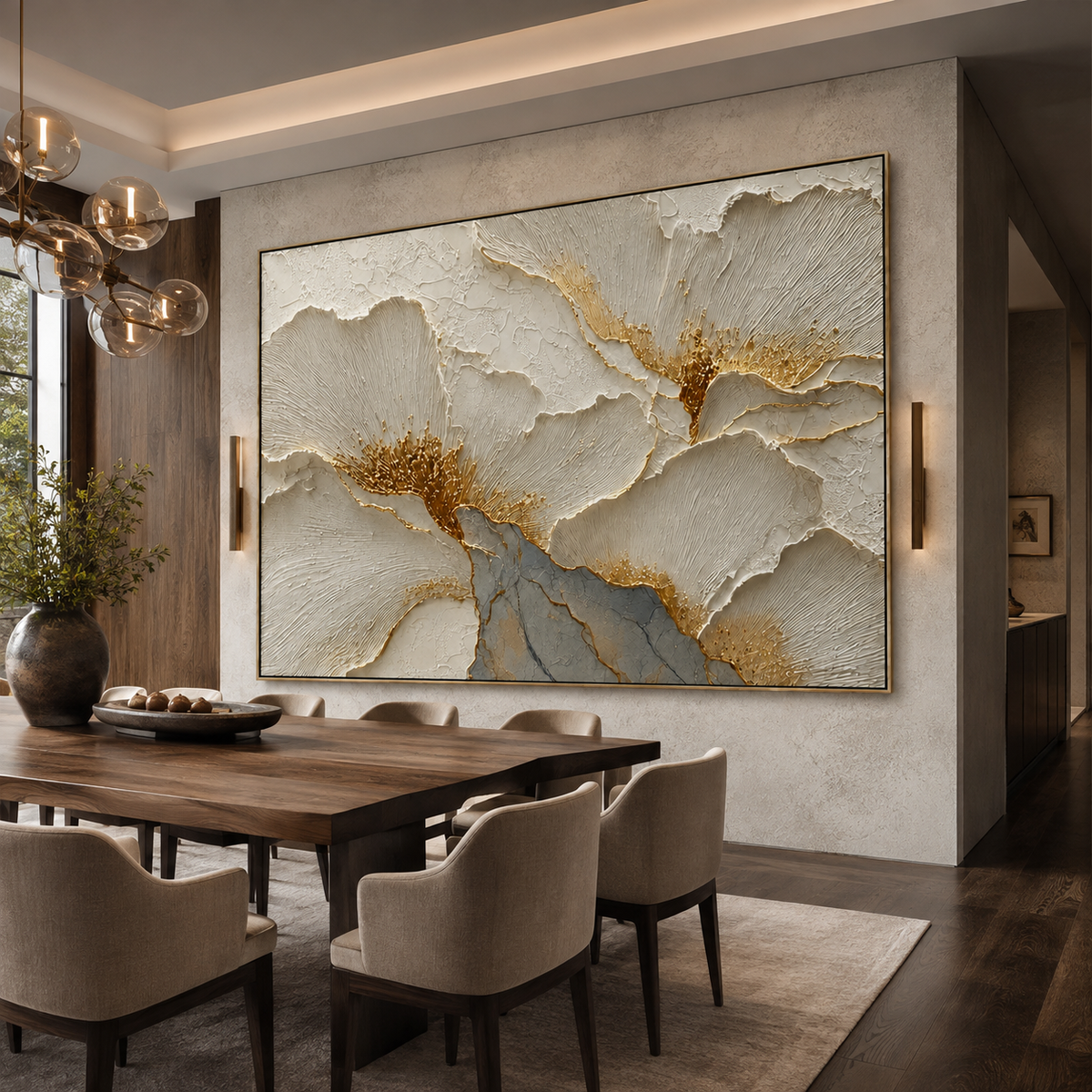 Gilded Petals-White Gold Floral Relief Painting