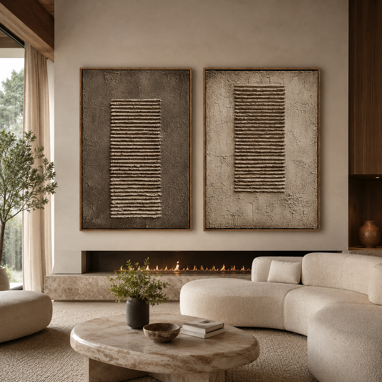 Dual Rhythm-Brown Beige Textured Diptych