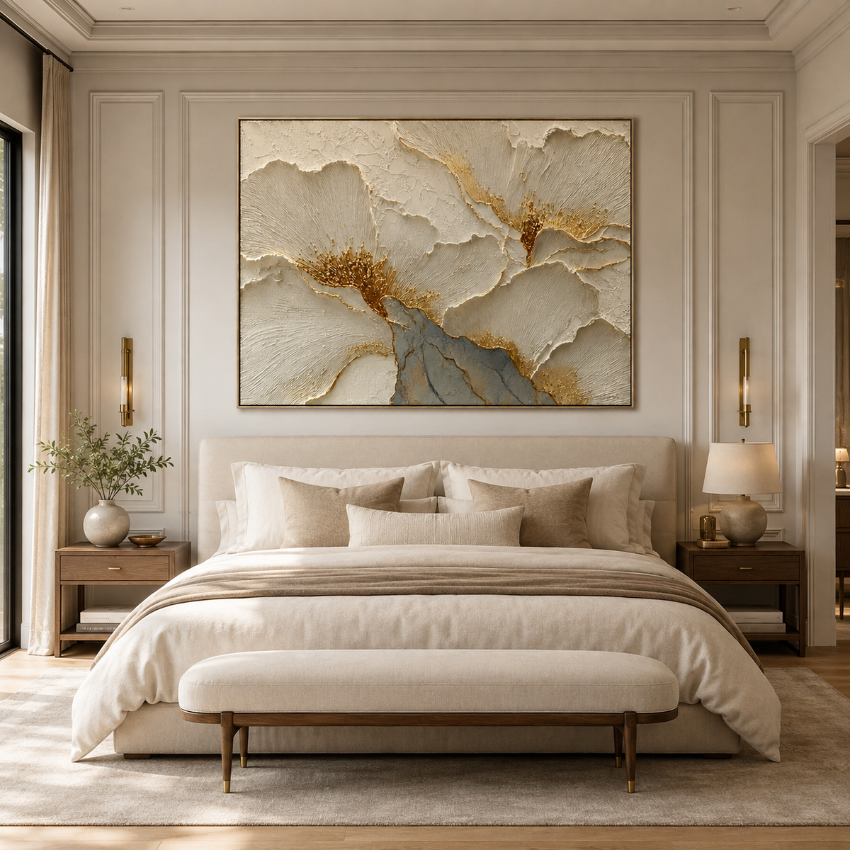 Gilded Petals-White Gold Floral Relief Painting