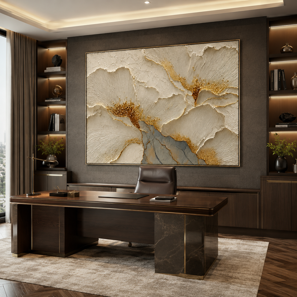 Gilded Petals-White Gold Floral Relief Painting