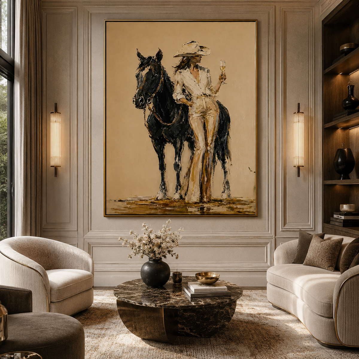 Champagne Cowgirl-Black Horse Western Painting