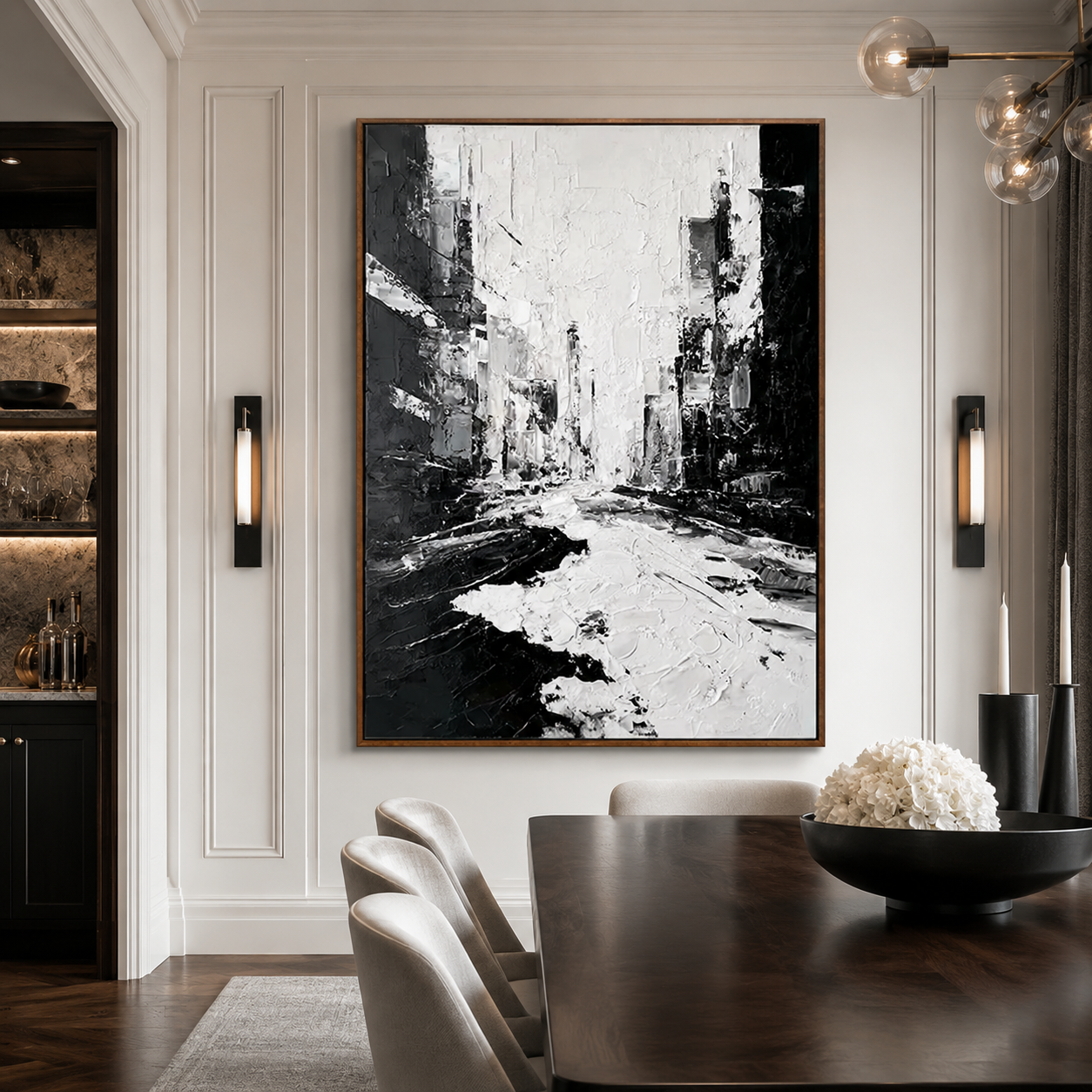 Monochrome Cityscape-Black White Abstract Painting