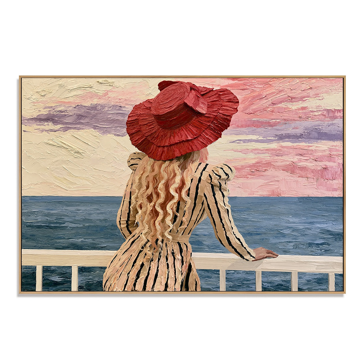 Rose Horizon-Striped Seaside Woman Oil Painting