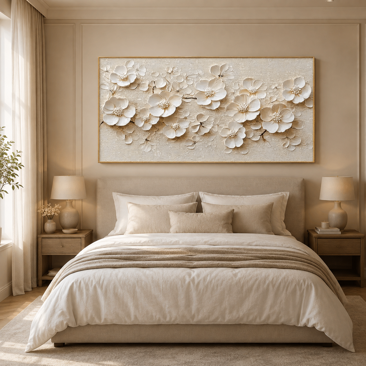 Ivory Blossom-White Floral Relief Painting