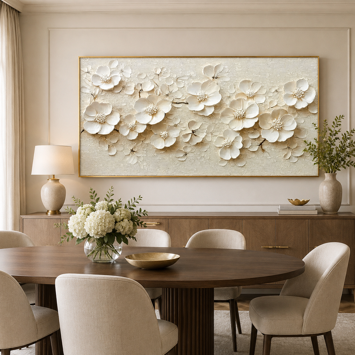 Ivory Blossom-White Floral Relief Painting