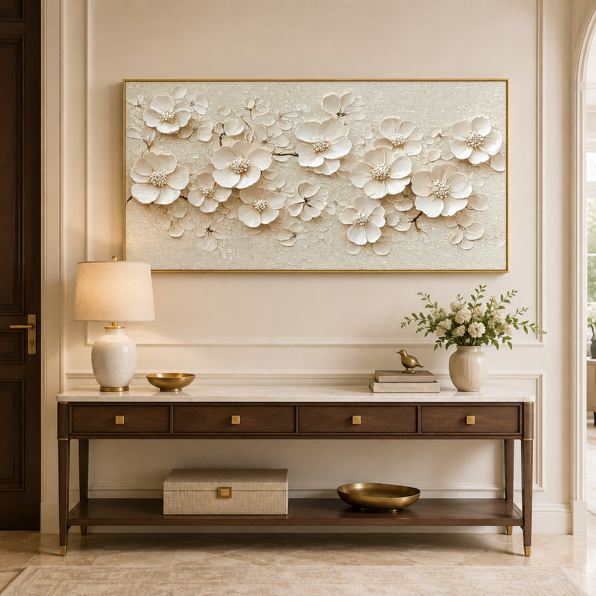 Ivory Blossom-White Floral Relief Painting