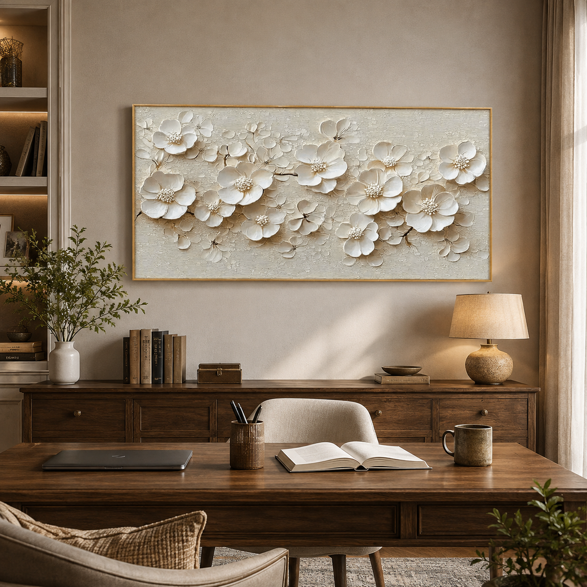 Ivory Blossom-White Floral Relief Painting