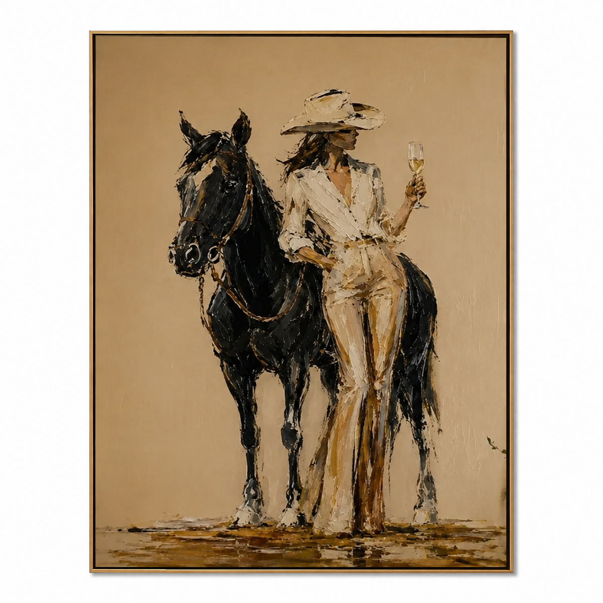 Champagne Cowgirl-Black Horse Western Painting