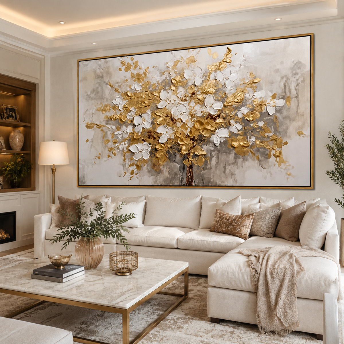 Golden Bloom-White Gold Floral Tree Painting