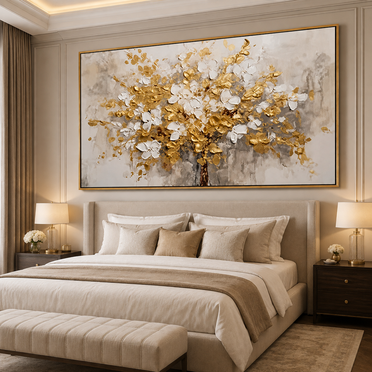 Golden Bloom-White Gold Floral Tree Painting