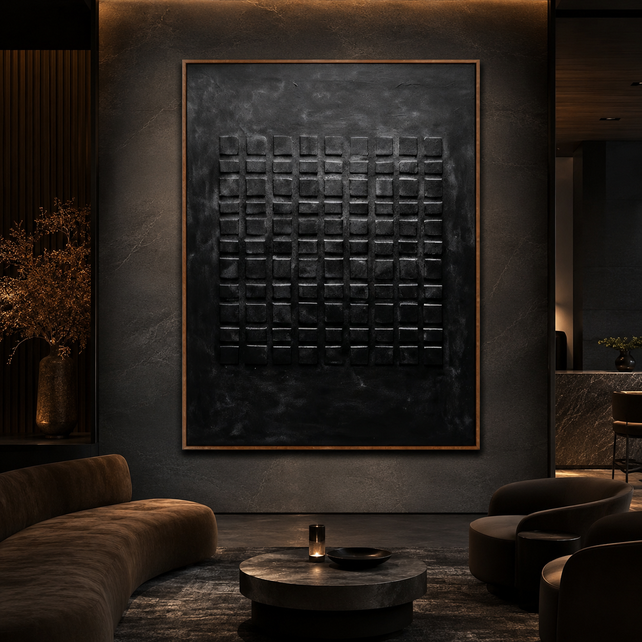 Obsidian Grid-Black Textured Abstract Painting