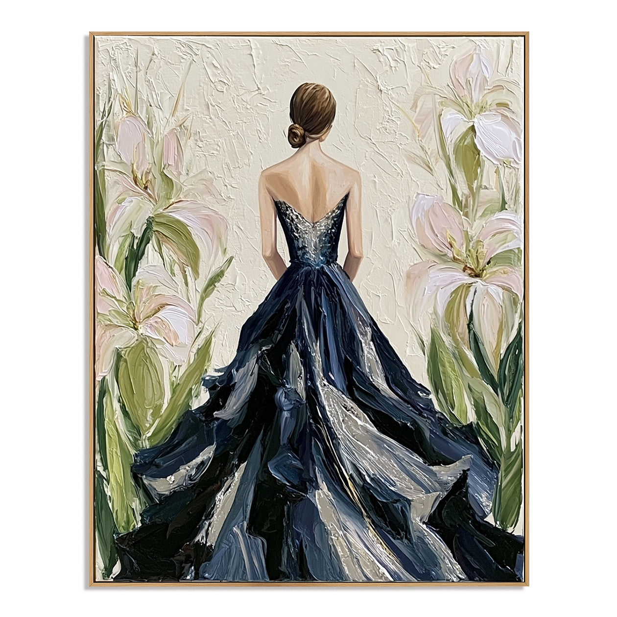 Midnight Bloom-Black Dress Woman Oil Painting