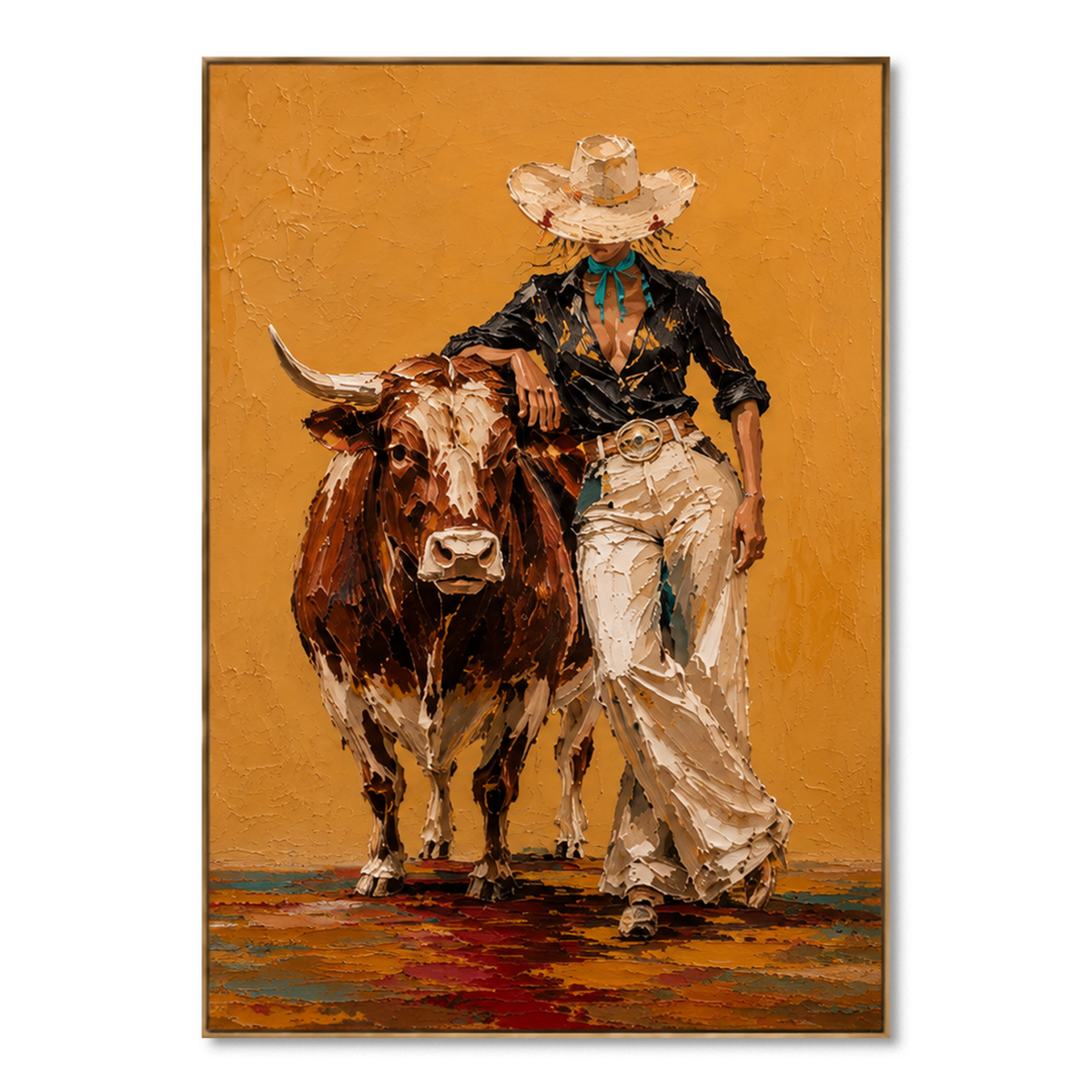 Golden Longhorn Muse-Western Cowgirl Painting