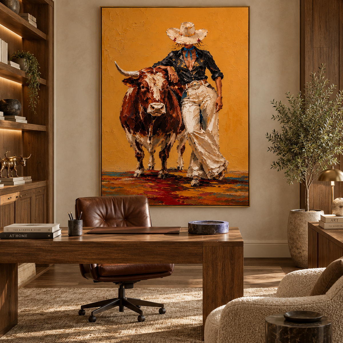 Golden Longhorn Muse-Western Cowgirl Painting