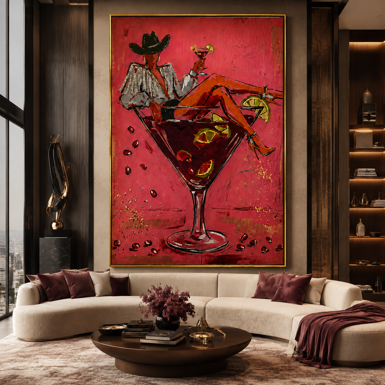 Crimson Martini Cowgirl-Retro Western Painting