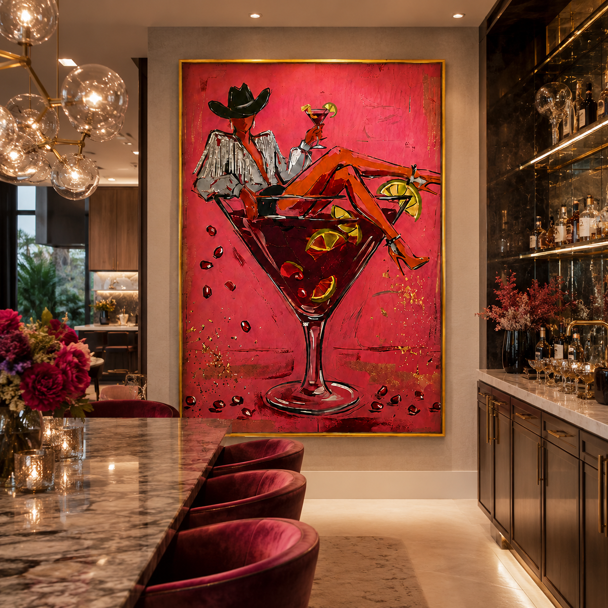 Crimson Martini Cowgirl-Retro Western Painting