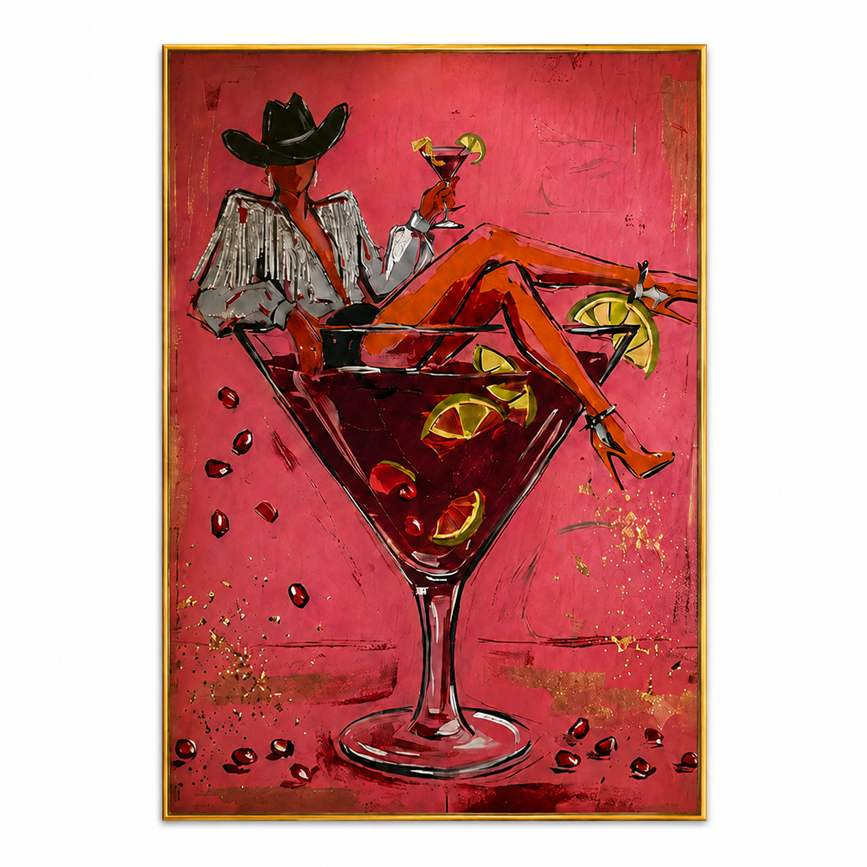 Crimson Martini Cowgirl-Retro Western Painting