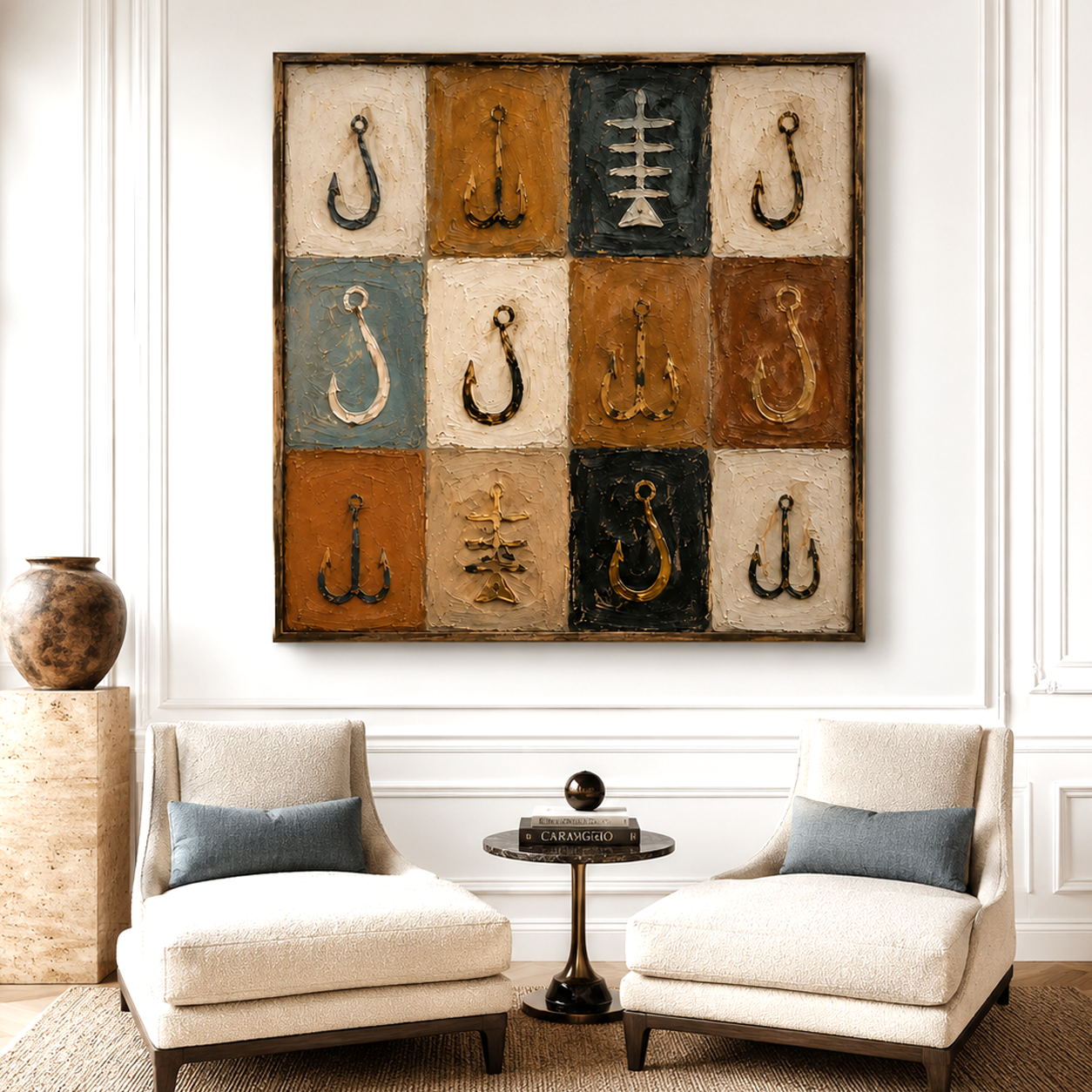 Hooked Tiles-Fishing Hook Textured Painting