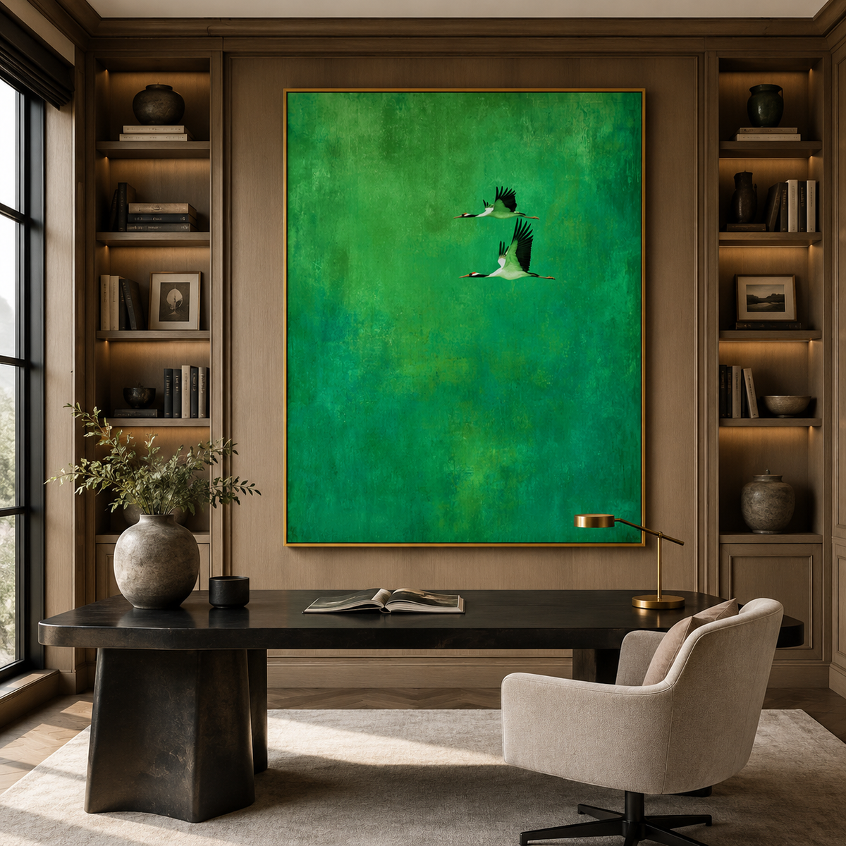Emerald Flight Cranes-Nature Bird Wall Art