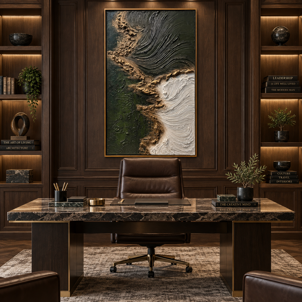 Obsidian Flow-Textured Abstract Oil Painting