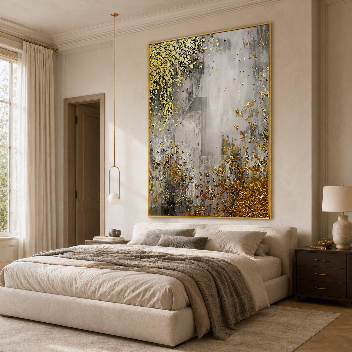 Gilded Mist-Gray Gold Abstract Painting