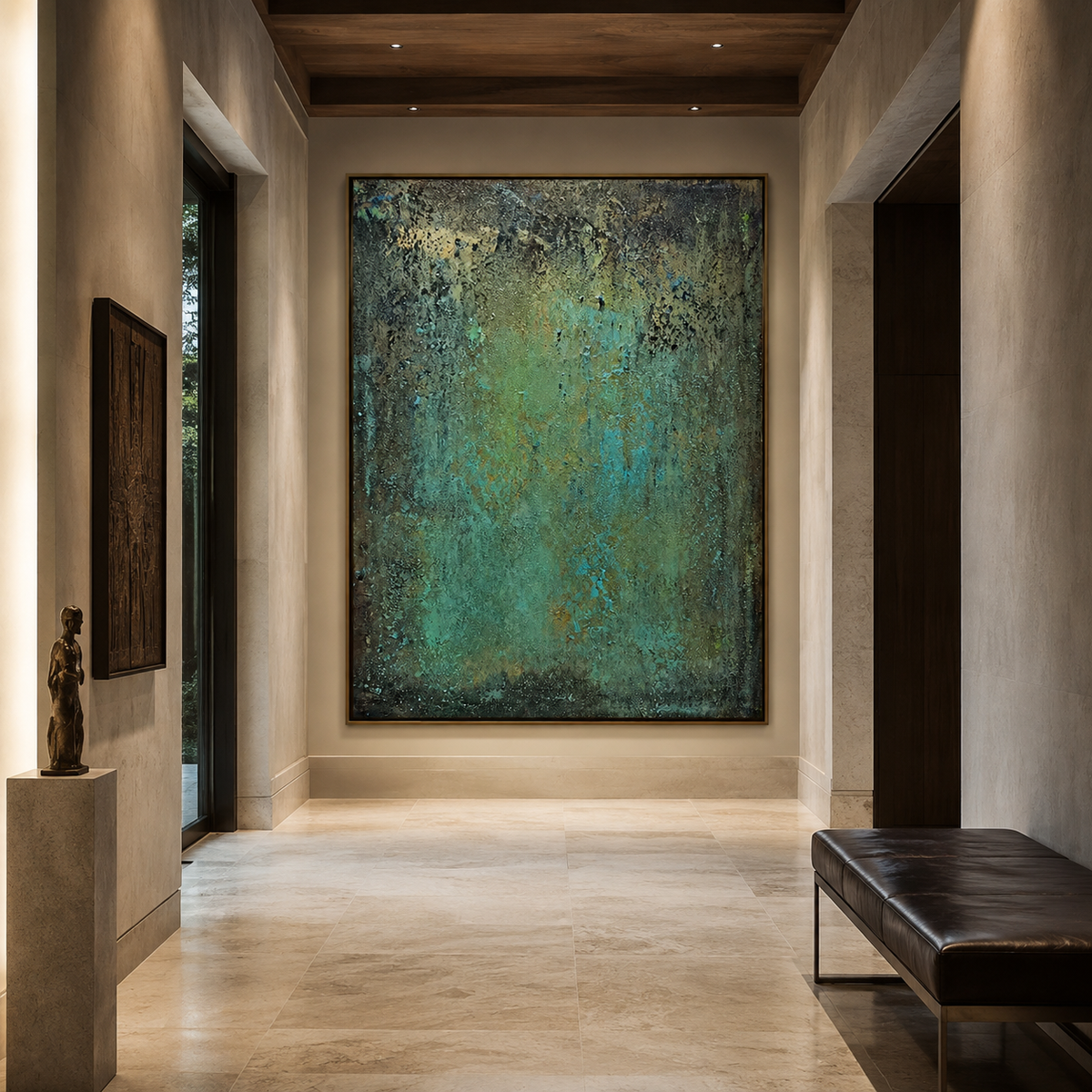 Patina Depth-Teal Green Textured Abstract Painting