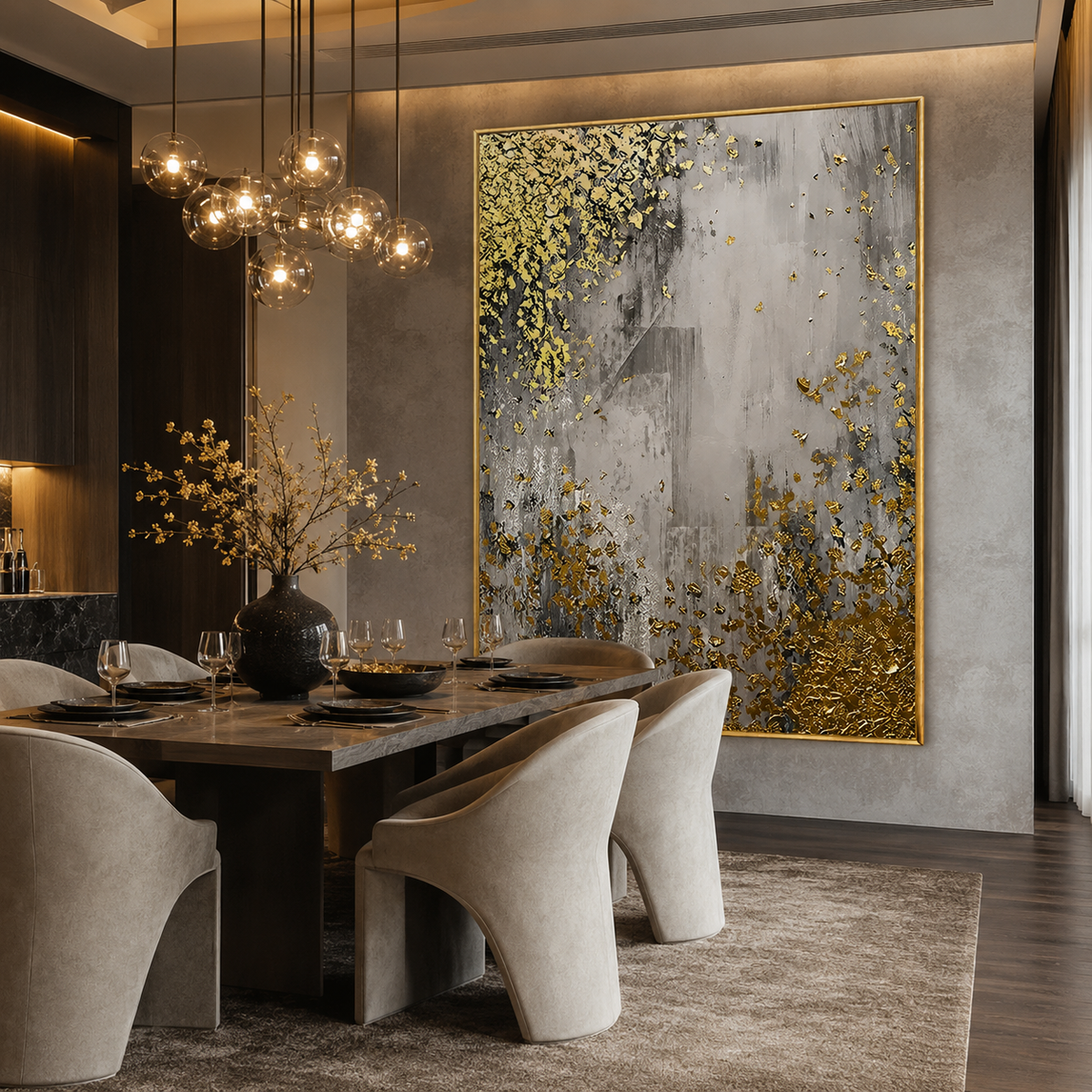 Gilded Mist-Gray Gold Abstract Painting