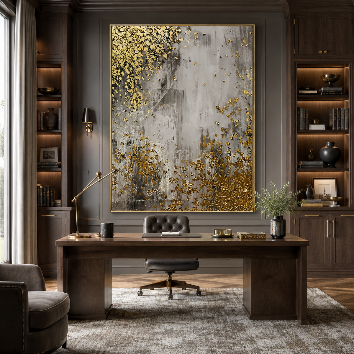 Gilded Mist-Gray Gold Abstract Painting