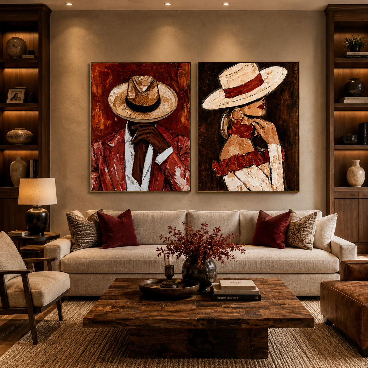 Scarlet Pair-Western Cowboy Couple Diptych Painting