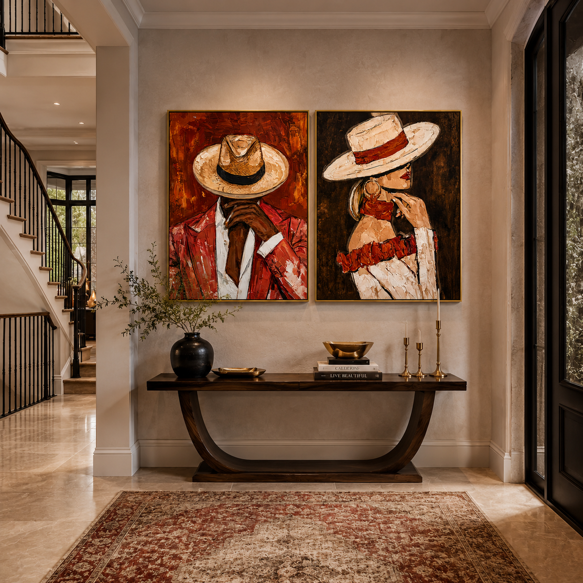 Scarlet Pair-Western Cowboy Couple Diptych Painting