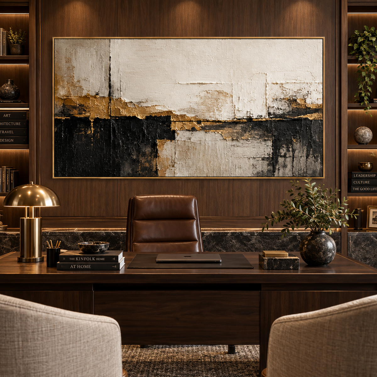 Quiet Divide-Neutral Black Abstract Painting