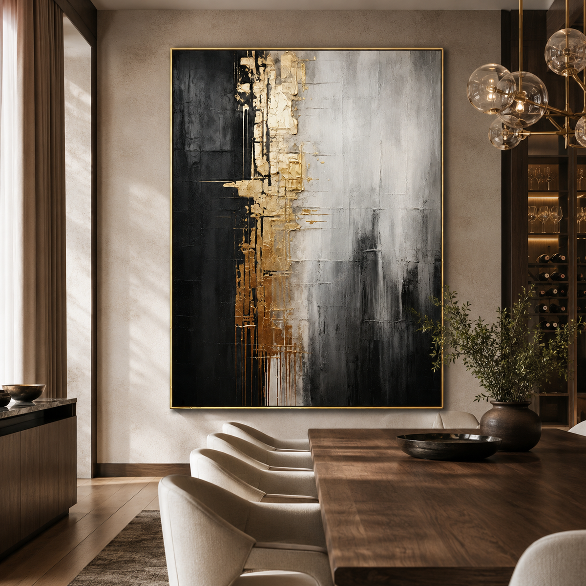 Gilded Divide-Black Gold Abstract Painting