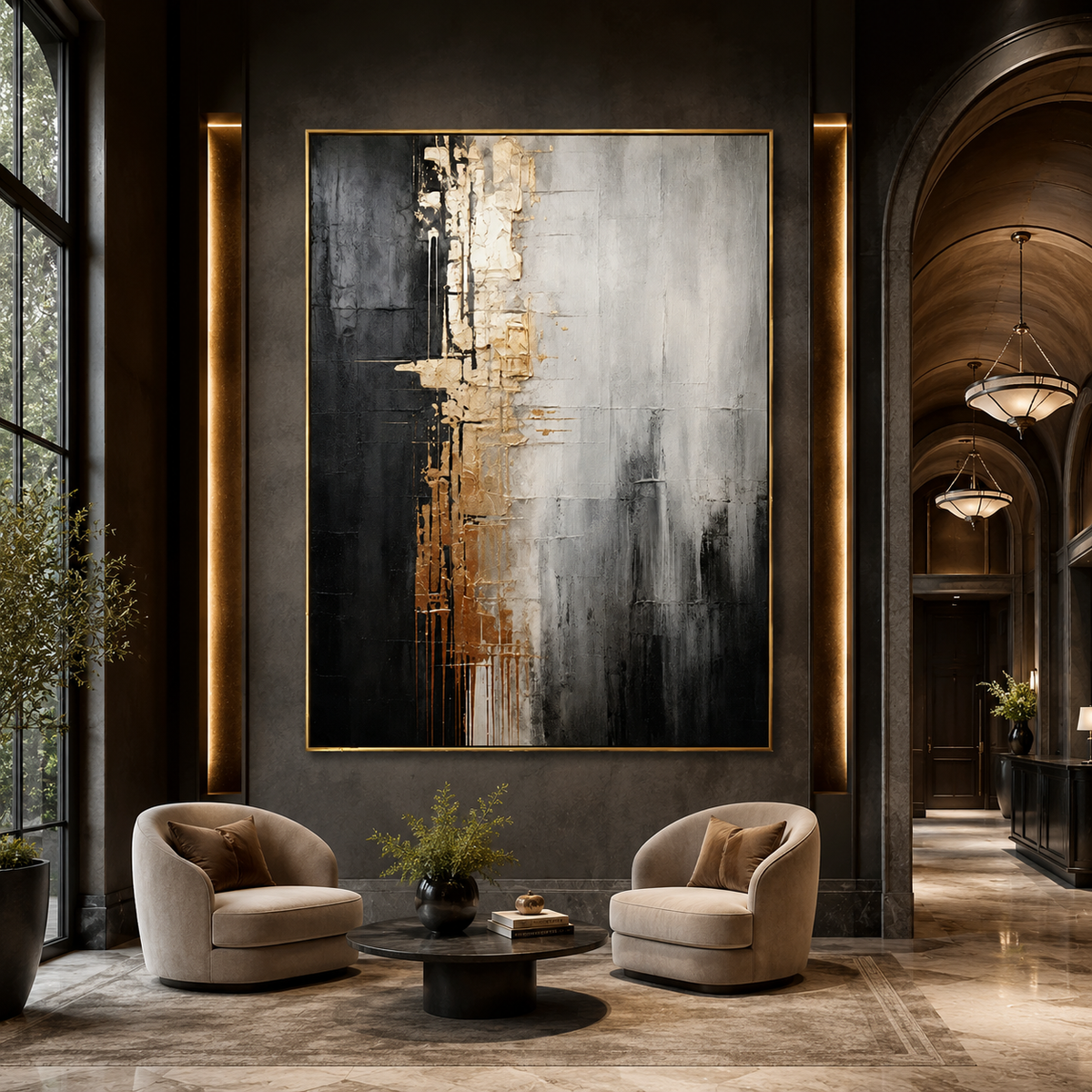 Gilded Divide-Black Gold Abstract Painting
