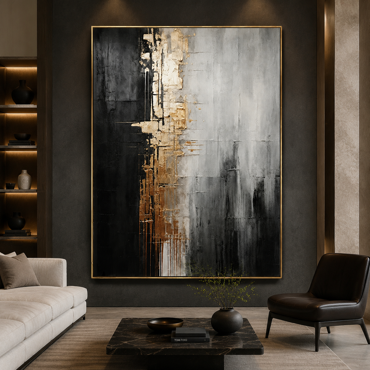 Gilded Divide-Black Gold Abstract Painting