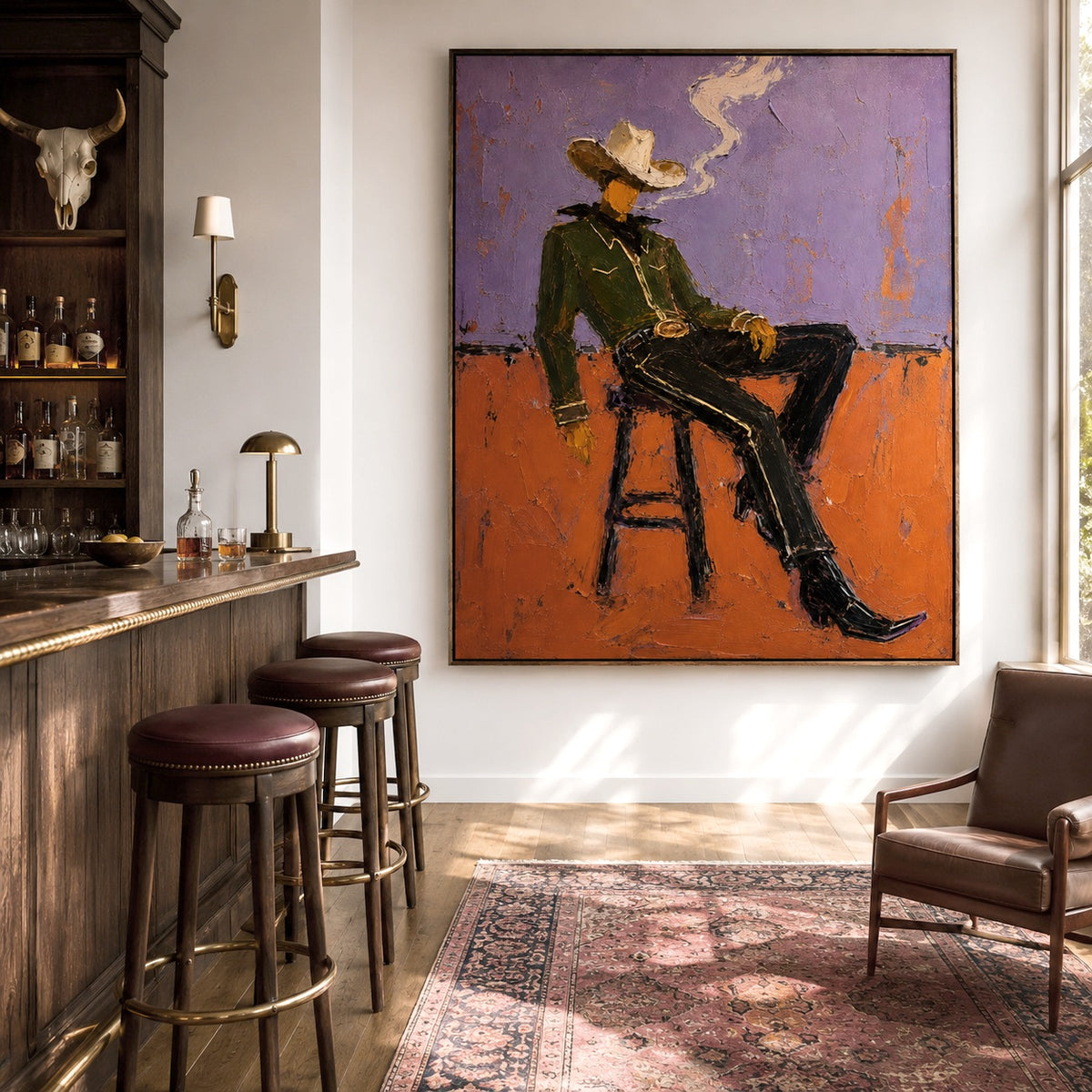 Purple Smoke-Seated Cowboy Oil Painting
