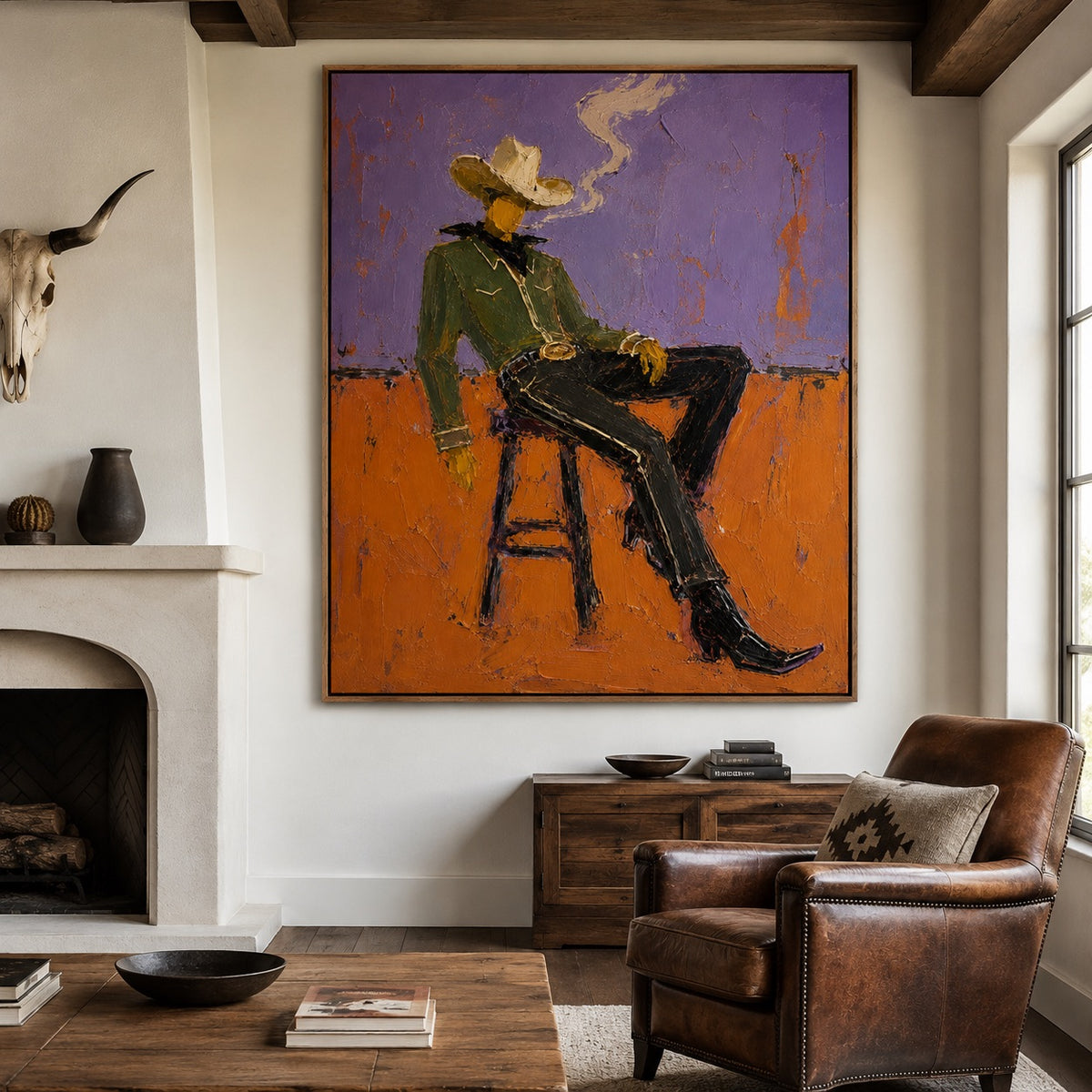 Purple Smoke-Seated Cowboy Oil Painting