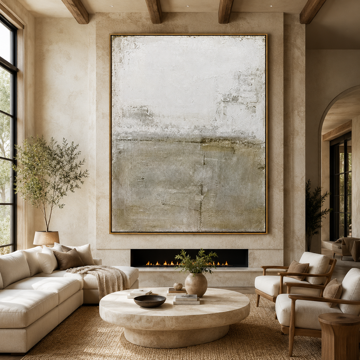 Quiet Horizon-Beige White Textured Abstract Painting
