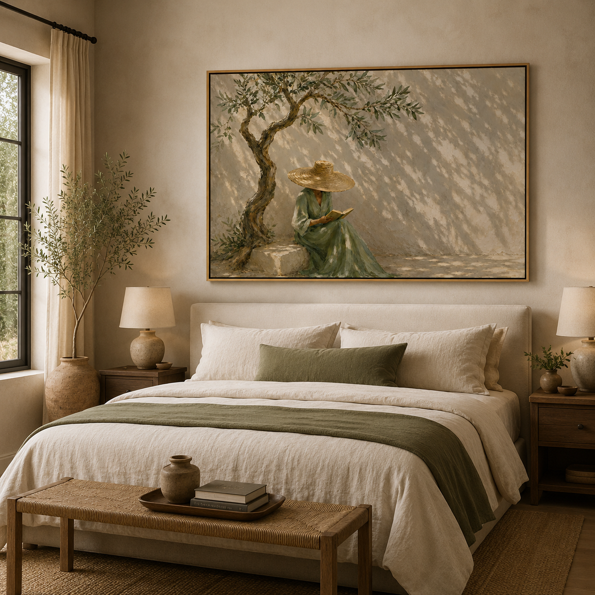 Olive Shade-Reading Woman Painting
