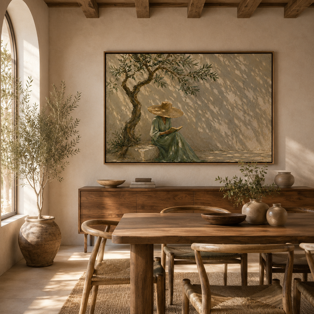 Olive Shade-Reading Woman Painting