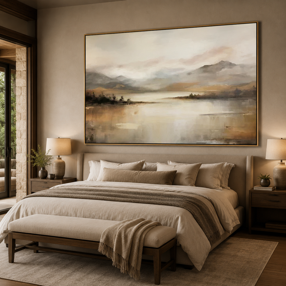 Golden Stillness-Misty Mountain Lake Painting