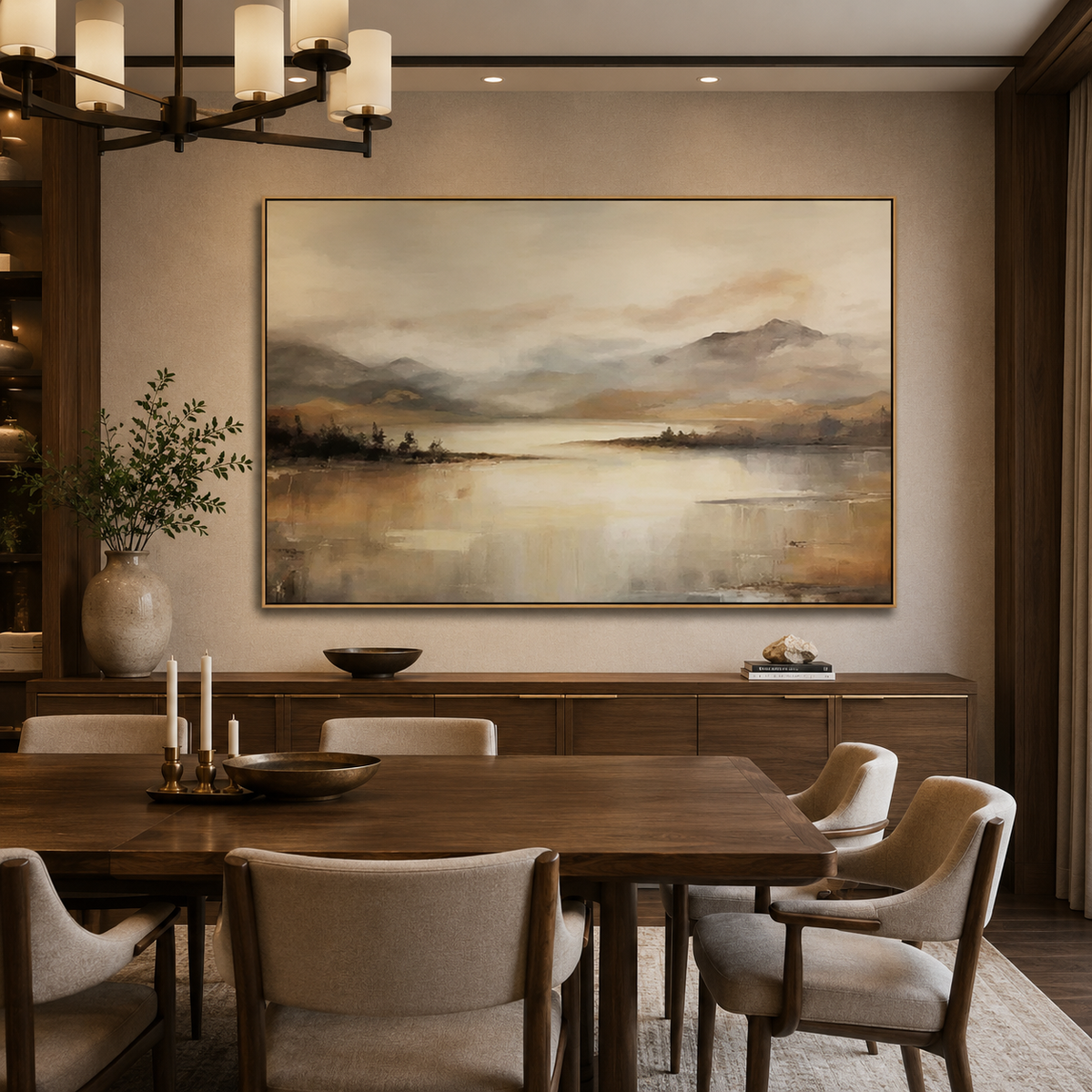 Golden Stillness-Misty Mountain Lake Painting