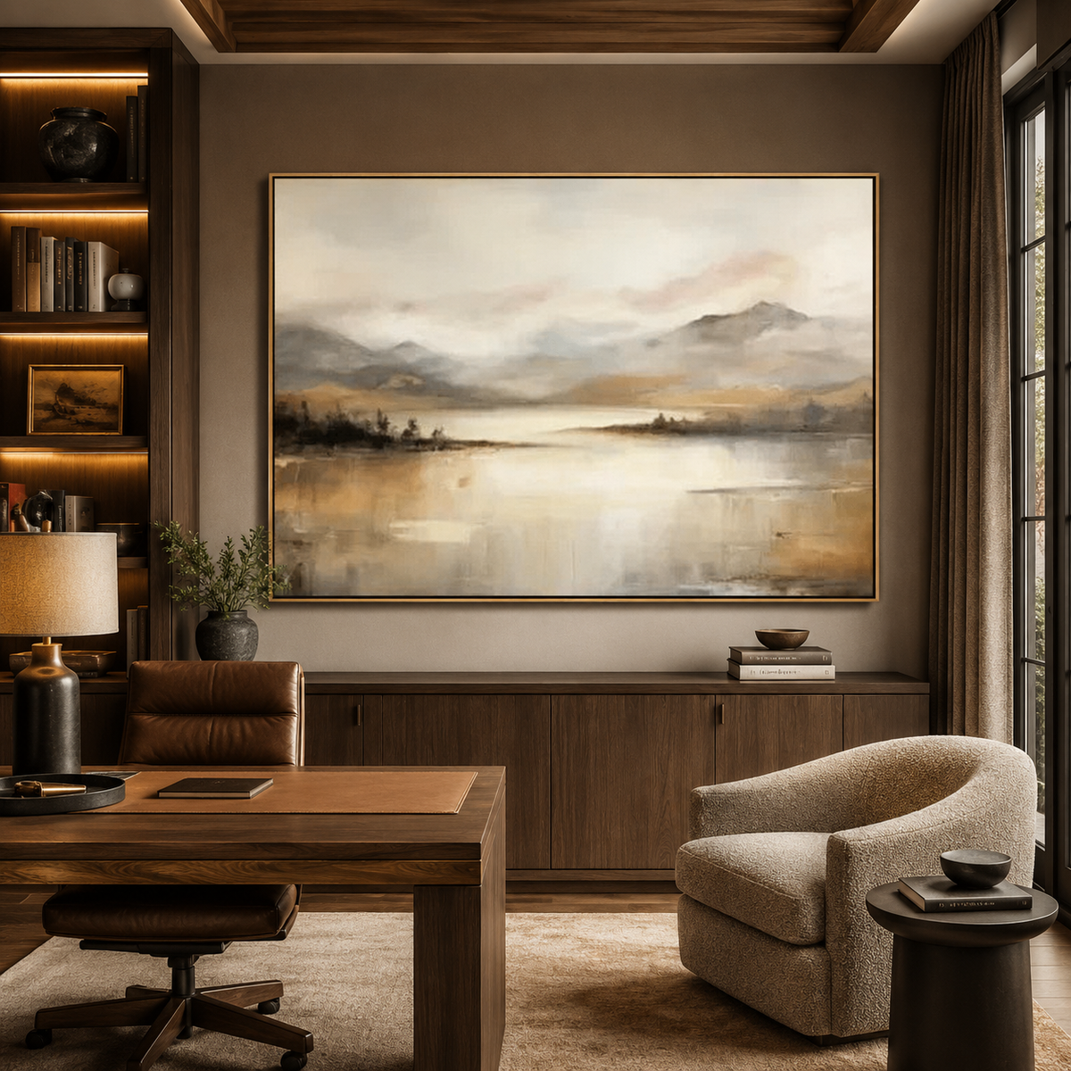 Golden Stillness-Misty Mountain Lake Painting