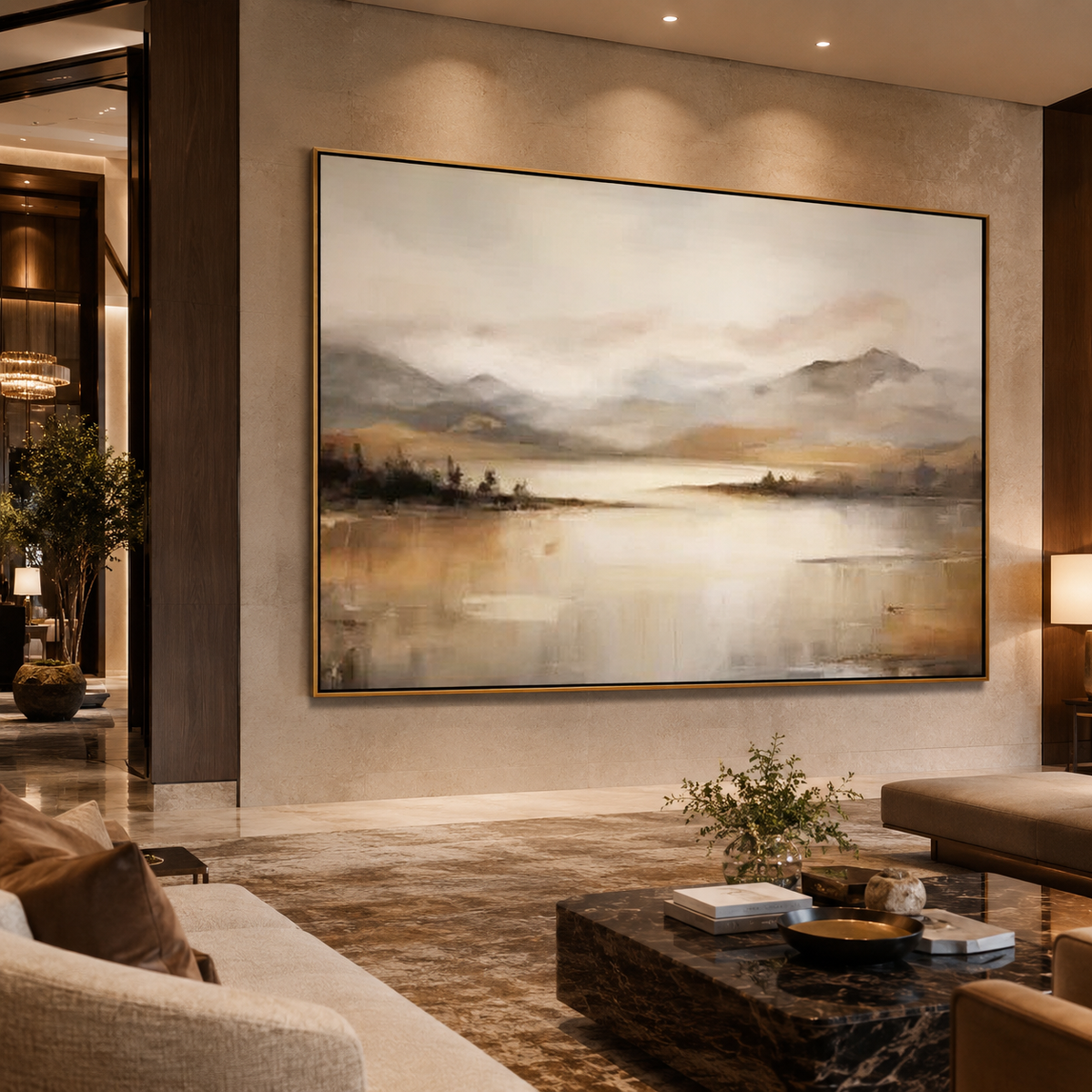 Golden Stillness-Misty Mountain Lake Painting