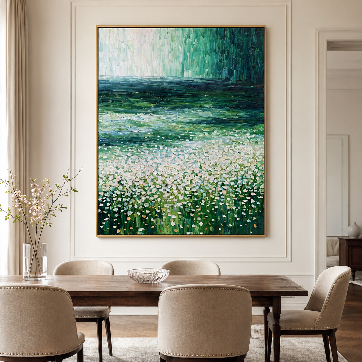 Verdant Drift-Green Meadow Lake Painting