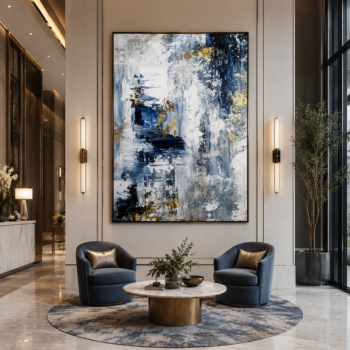 Gilded Drift-Blue Gold Abstract Painting