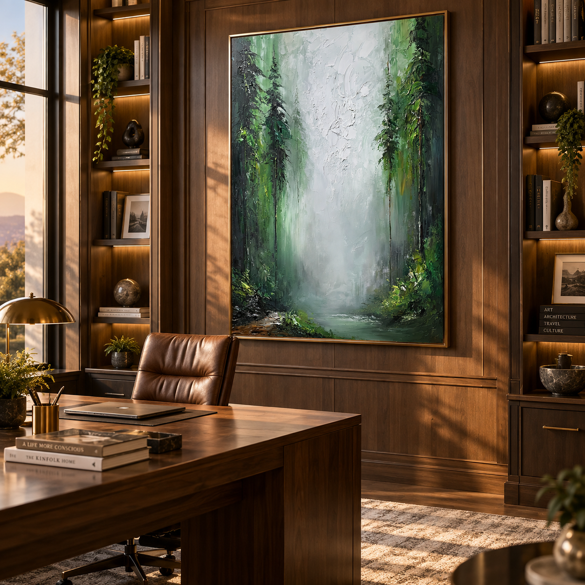 Misty Forest Sanctuary-Deep Green Woodland Landscape Oil Painting