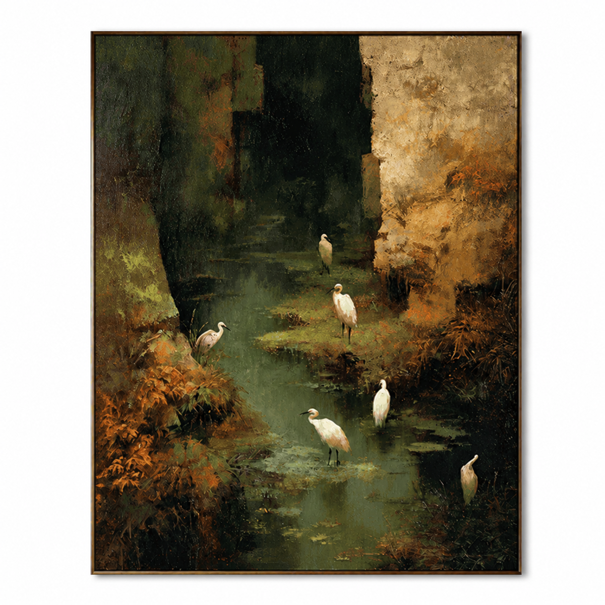 Enchanted Wetland Sanctuary-White Bird Forest Landscape Oil Painting