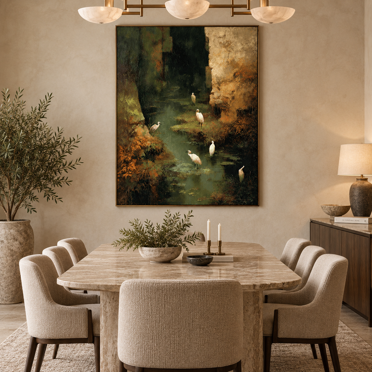 Enchanted Wetland Sanctuary-White Bird Forest Landscape Oil Painting