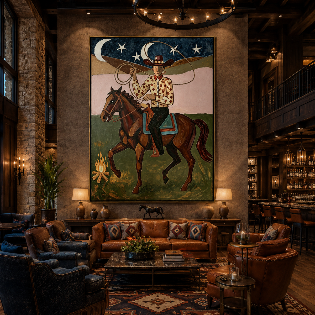 Moonlit Lasso-Cowboy Horse Western Painting
