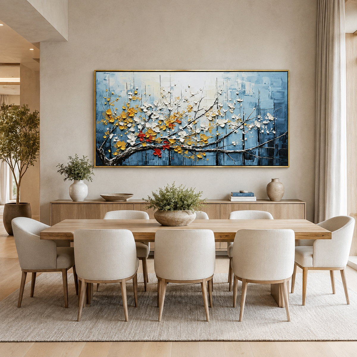 Azure Bloom-Gold White Blossom Branch Painting